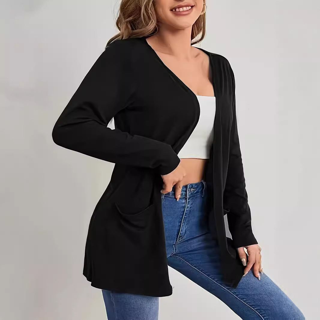 Cardigan Pocket Coat Solid Color Long Sleeve Women