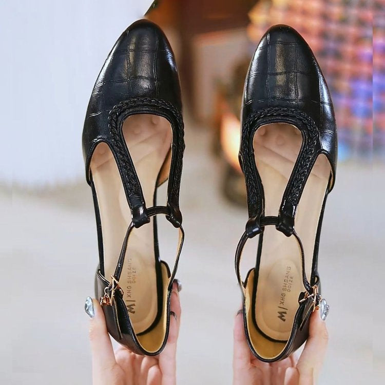 Soft Leather Pointed Cross-strap Hollow Leather Shoes