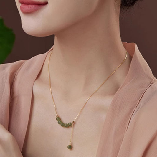 Green Round Beads Smile Jasper Necklace Niche Retro