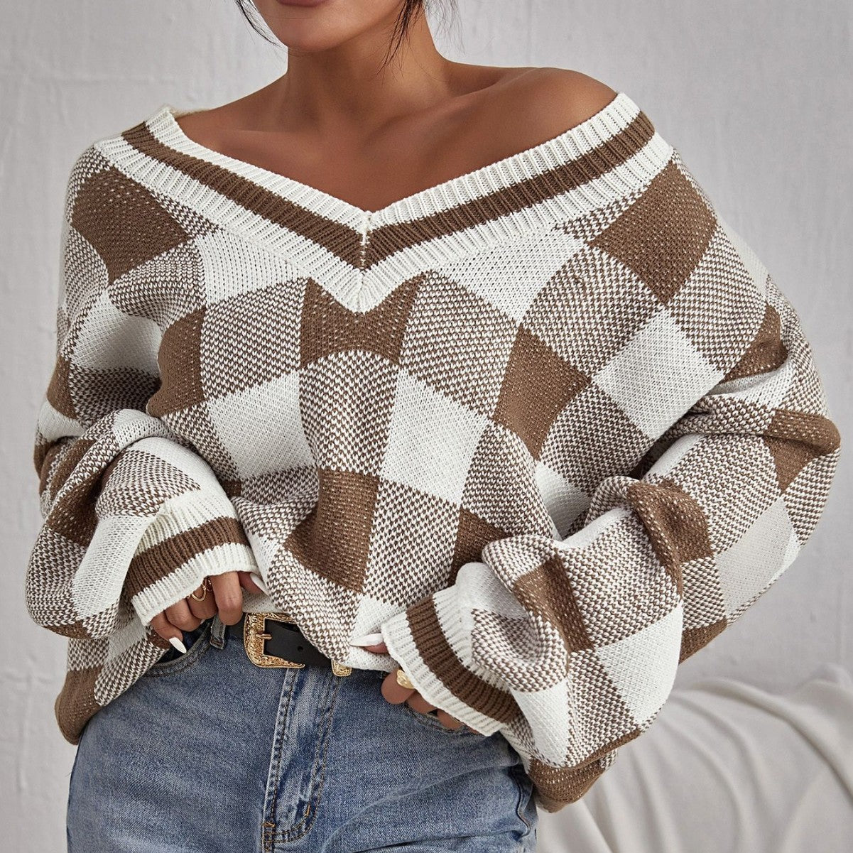 Color-contrast Check Sweater Pullover Loose