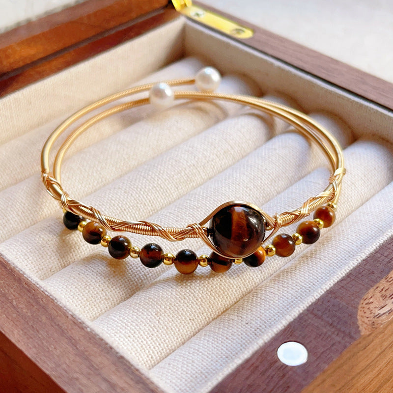 Natural Tiger Eye Grey Moonlight Pearl Strawberry Crystal Bracelet