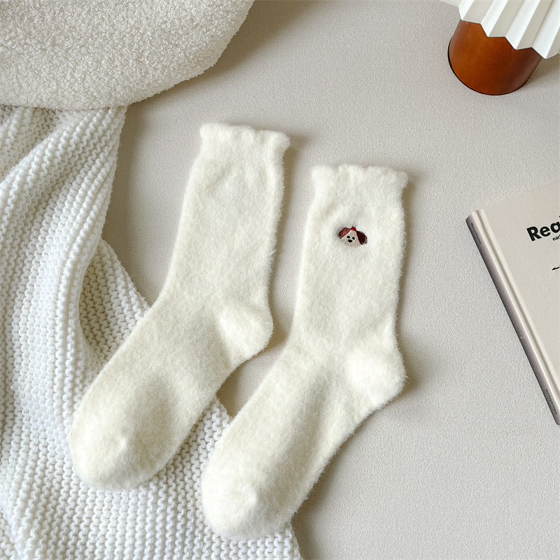 Plush Soft Glutinous Socks Women's Fleece-lined Thickened Cute Cartoon Mid-calf High-grade