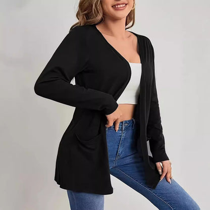 Cardigan Pocket Coat Solid Color Long Sleeve Women