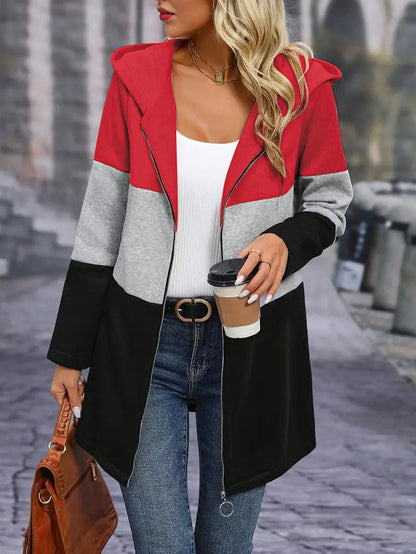 Casual And Fashionable Loose Contrast Three-color Stitching Hooded Jacket For Women