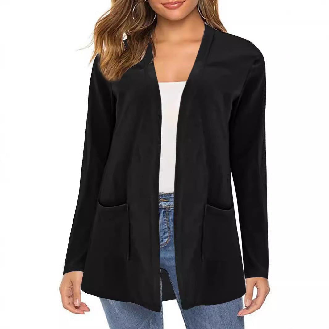 Cardigan Pocket Coat Solid Color Long Sleeve Women