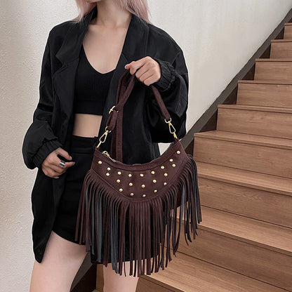 Retro Casual Tassel Large Capacity Rivet Shoulder Messenger Bag