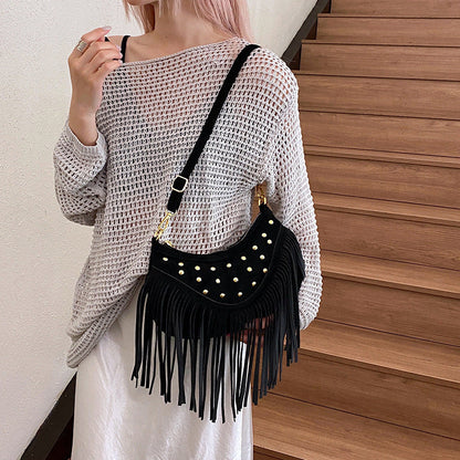 Retro Casual Tassel Large Capacity Rivet Shoulder Messenger Bag