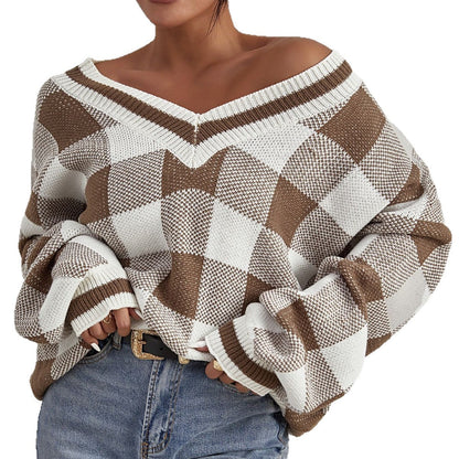 Color-contrast Check Sweater Pullover Loose