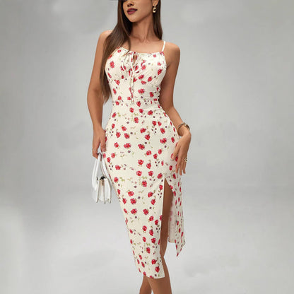 Summer Printed Suspender Split Dress Fashion Slim Lace-up Long Dresses For Women Clothing