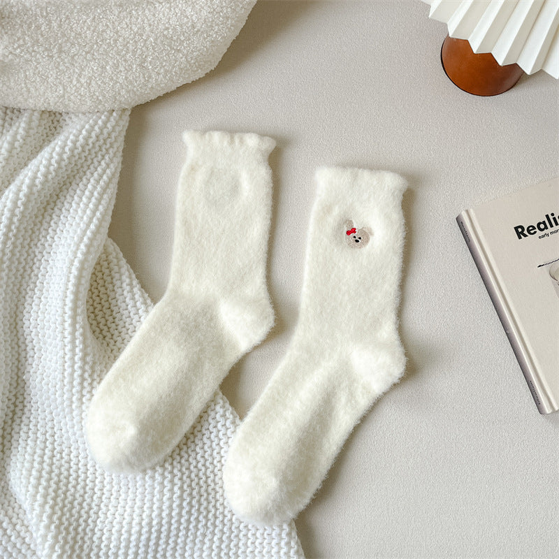 Plush Soft Glutinous Socks Women's Fleece-lined Thickened Cute Cartoon Mid-calf High-grade
