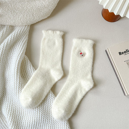 Plush Soft Glutinous Socks Women's Fleece-lined Thickened Cute Cartoon Mid-calf High-grade