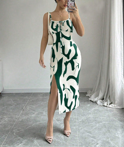 Summer Printed Suspender Split Dress Fashion Slim Lace-up Long Dresses For Women Clothing