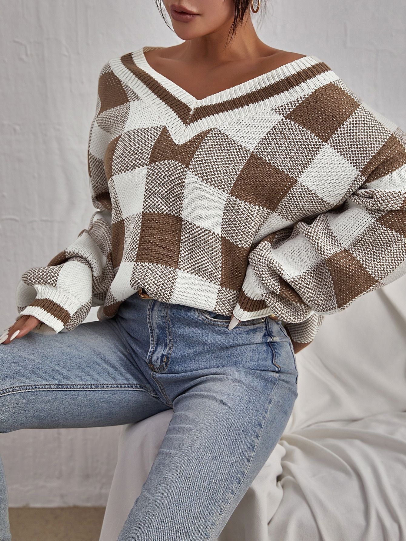 Color-contrast Check Sweater Pullover Loose