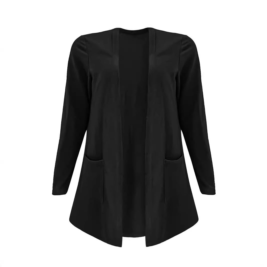 Cardigan Pocket Coat Solid Color Long Sleeve Women