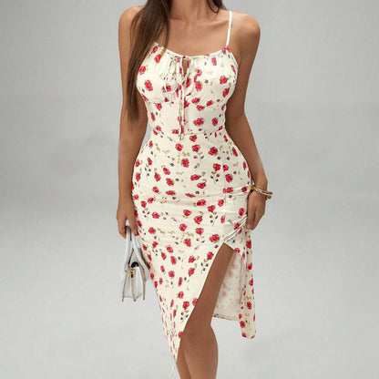 Summer Printed Suspender Split Dress Fashion Slim Lace-up Long Dresses For Women Clothing